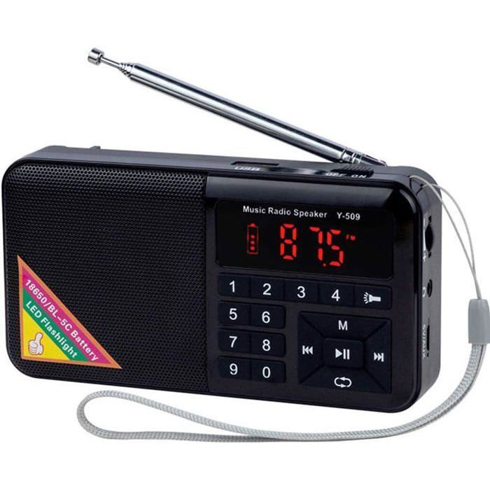 Mini radio portable FM rechargeable 1500mAh MP3 USB / microSD 3W avec lampe LED - Noir