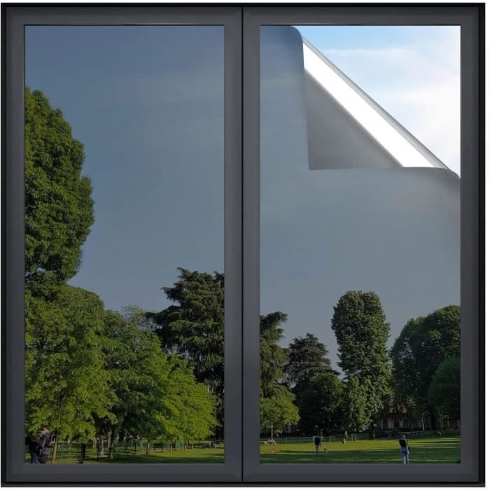 Film Anti Regard Fenetre Adhesif Effet Miroir sans Tain pour Vitre Papier Miroir Unique Anti UV Argent Noir 90x200cm