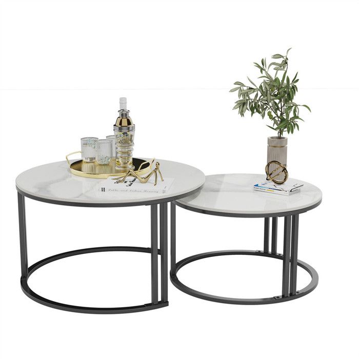 Lot de 2 tables basses gigognes rondes - Style Moderne - Table dAppoint Imprimée Marbre - Blanc et Noir - 70x41cm - 57x35cm