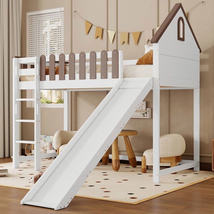 Lit mezzanine 90x200 cm avec toit et fenêtre avec échelle droite à trois marches - lit enfant avec toboggan - pin+MDF - blanc+noy