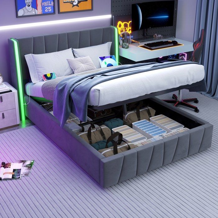 Lit Capitonné 180 X 200 Cm, Lit Hydraulique Avec Port USB  Charge Sans Fil Et Filaire Eclairage Led Et 3 Tiroirs Pu Texture Noir 94533274