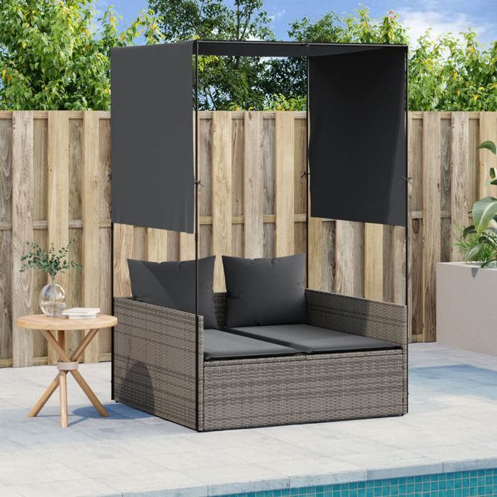 97895& Bains de soleil double avec toit et rideaux gris résine tressée - L118 x P110 x H187 cm - tissu 100 % polyester
