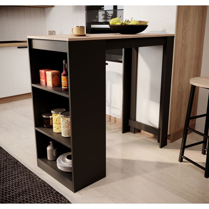 Table haute de bar 110 x 103 x 50 cm Couleur Noir et Sonoma mat Table de cuisine avec 3 étagères Modèle Kyra Table haute de bar 110 x 103 x 50 cm Couleur Noir et Sonoma mat Table de cuisine avec 3 étagères Modèle Kyra
