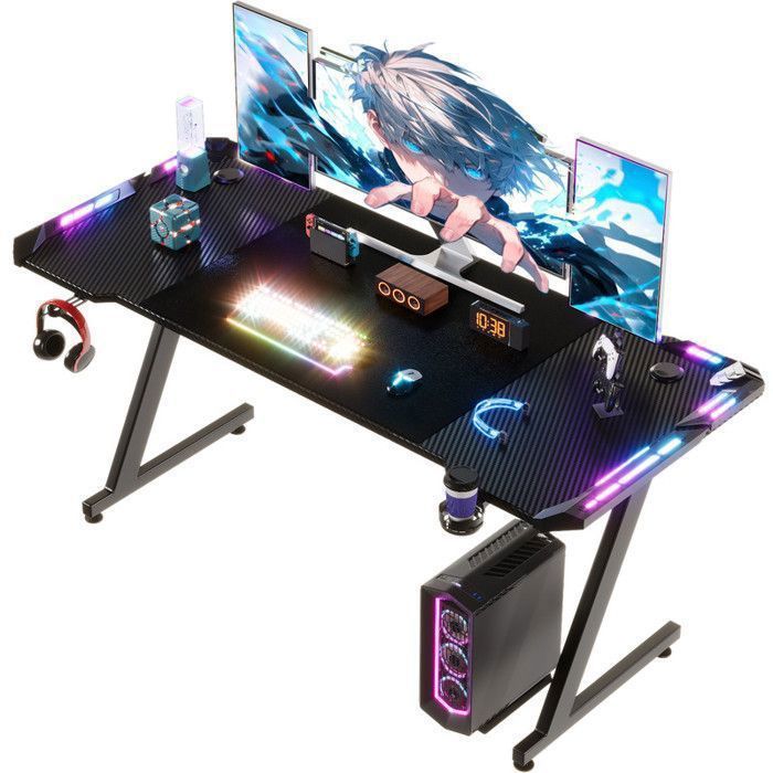 HOMALL Bureau Gaming LED 160×60cmContrôleur Touché de Lumière par USBBureau Gamer Informatique Ergonomique Noir