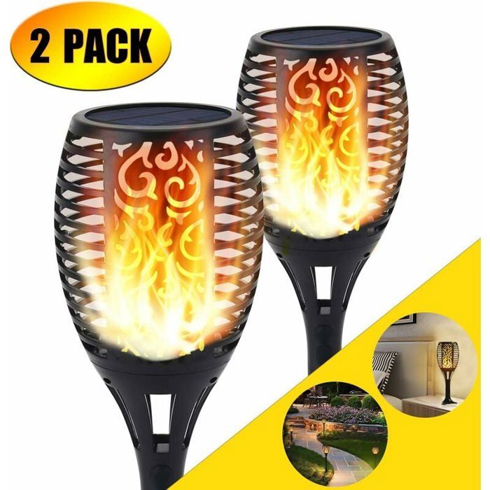 2 Lampes Solaires Torche à Effet Flamme 96 LED IP65 Étanche