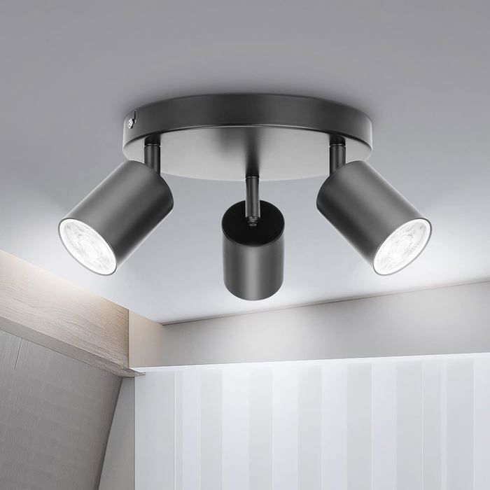 Plafonnier GU10 rond 3 spots orientables pour cuisine/salon/chambre noir (ampoules non incluses). Label YYV