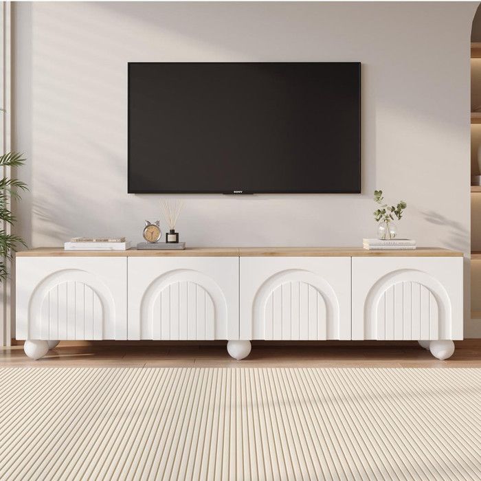 Meuble TV 180x40x45cm avec 4 caissons meuble TV avec 6 pieds en métal à boule buffet bas et table TV couleur bois + blanc