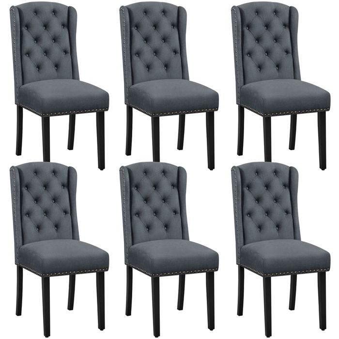 Yaheetech Lot de 6 Chaises de Salle à Manger en Tissu Éponge Design Classique Boutonné avec Pieds en Bois Massif Gris Profond