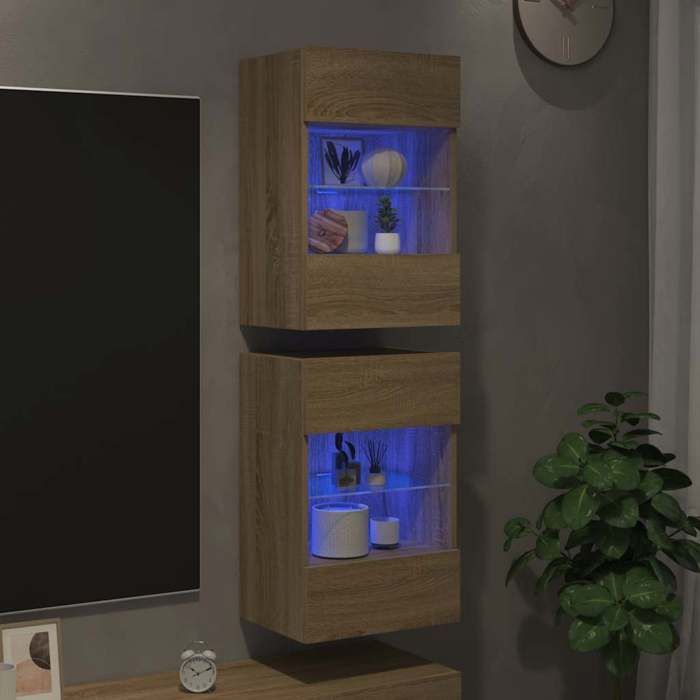 Meuble mural avec LED - vidaXL - Chêne sonoma - 40x30x60 5 cm - Étagère en verre - Lumières LED RVB - 2 compartiments