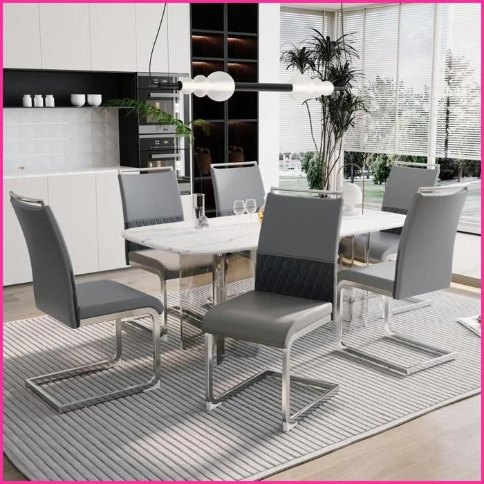 Ensemble de 6 chaises de salle à manger modernes - Dos PU/lin hautement rembourré - Gris - Polyvalent