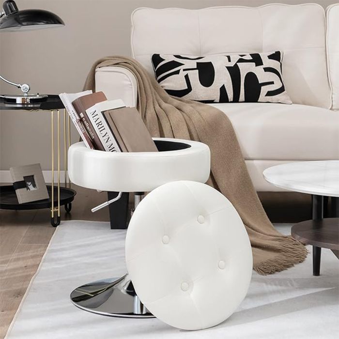 GIANTEX Tabourets de Bar- Chaises Rembourrée avec Rangement-Couvercle Réversible-Hauteur Réglable-Siège Pivotant-Salon Chambre-Blanc GIANTEX Tabourets de Bar- Chaises Rembourrée avec Rangement-Couvercle Réversible-Hauteur Réglable-Siège Pivotant-Salon Chambre-Blanc