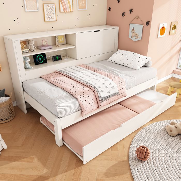 Lit Enfant Combiné - MERAX - 90x200 - avec Lit gigogne 90x190 - Rangement Tête de Lit - Station Charge USB/Type-C