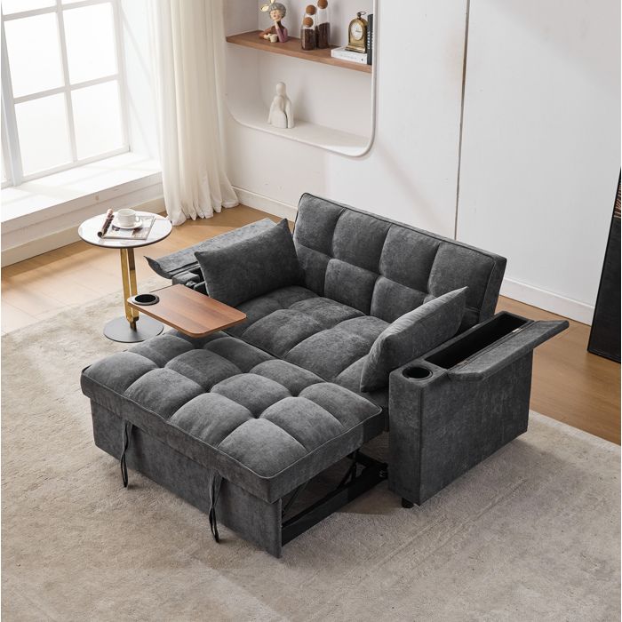 Canapé convertible. canapé relax droit . dossier réglable en 3 positions. table et porte-gobelet. USB+ ype-C. coton.gris