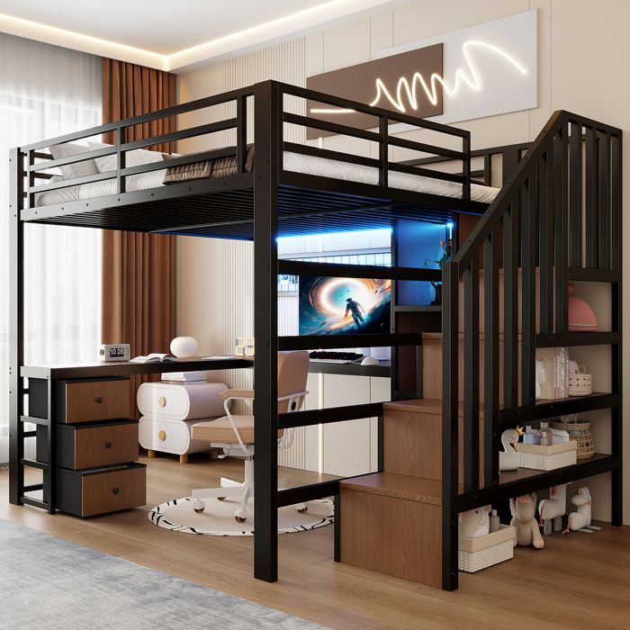 Lit Mezzanine en fer 90x200 avec LED et bureau Lit Enfant avec 4 tiroirs et penderie Escalier RangementNoir(Sans Matelas)