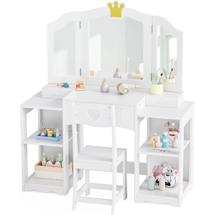 Ensemble Coiffeuse Enfant LALAHO avec 3 Miroirs Pliants 3 Tiroirs et 4 Étagères – Design Couronne Blanc Ensemble Coiffeuse Enfant LALAHO avec 3 Miroirs Pliants 3 Tiroirs et 4 Étagères – Design Couronne Blanc