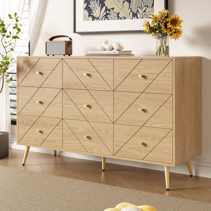 Commode 9 Tiroirs sur Pieds en Fer - YEAVIO - Motif Géométrique pour Chambre Panneaux de Particules Naturel 120×39×80 cm