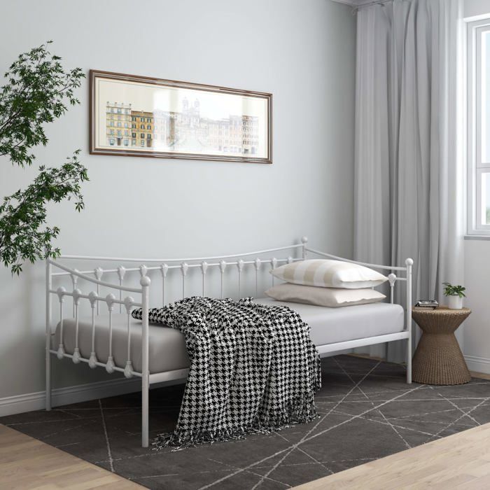 Cadre de canapé-lit sans matelas - blanc métal 90x200 cm - pour adulte/enfant 318U15