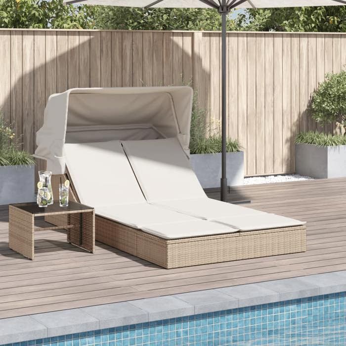 (Beige)Fauteuil long de soleil - Chaise longue double - avec auvent et coussins beige poly rotin - 108x236x102/110 cm dts393715