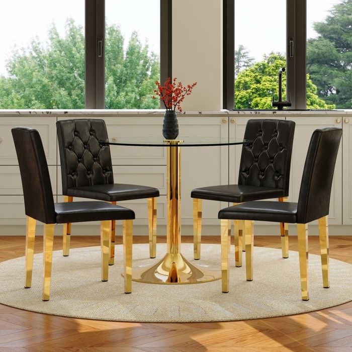 Table À Manger Ronde Ø85x76cm + 4 Chaises Noir 42x46x89cm Verre Trempé Support Métal Doré Design Moderne Pour Salle À Manger Table À Manger Ronde Ø85x76cm + 4 Chaises Noir 42x46x89cm Verre Trempé Support Métal Doré Design Moderne Pour Salle À Manger