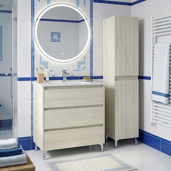 Ensemble meuble vasque L.80cm + 1 colonne sur pied 3 tiroirs Chêne blanchi LISBONA Ensemble meuble vasque L.80cm + 1 colonne sur pied 3 tiroirs Chêne blanchi LISBONA