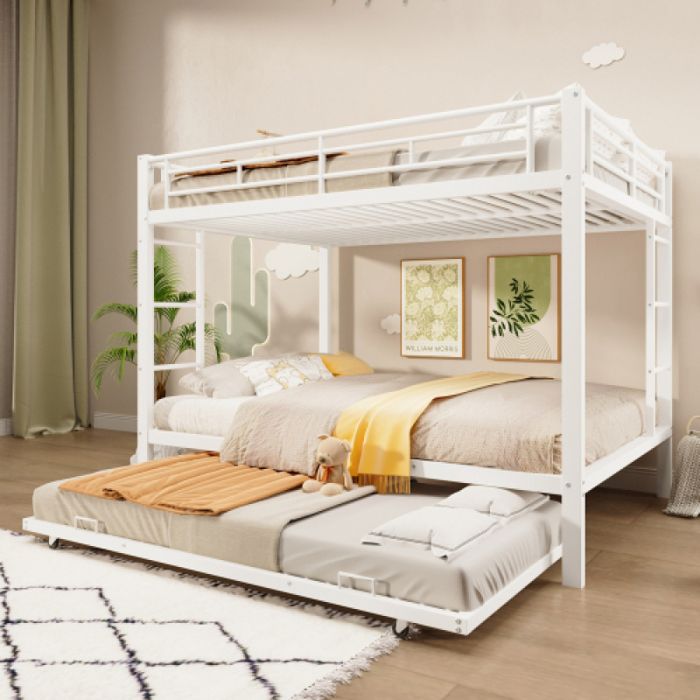 Lit 3 personnes 140×200 cm Cadre en Fer pour Enfant avec Lit extractible Barrières hautes Sans matelas Blanc