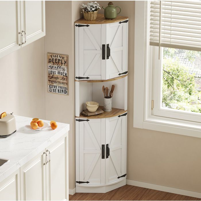 Buffet d’angle – meuble de rangement blanc effet bois – 5 espaces – 395 x 395 x 180 cm