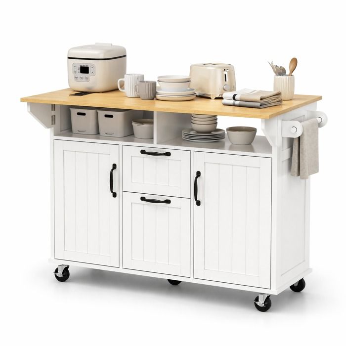 Îlot de cuisine sur roulettes extensible – Blanc et naturel – Avec tiroirs prises intégrées et porte-serviettes