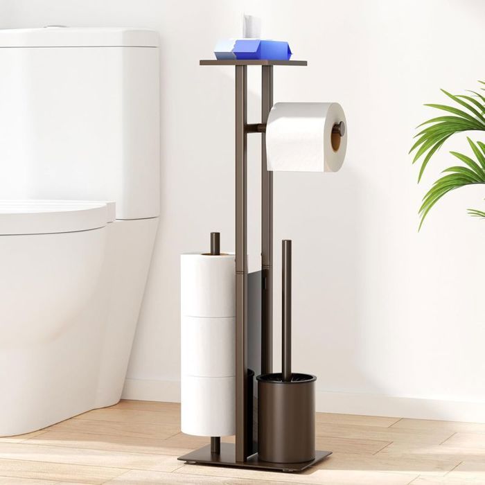 Support WC Acier Inoxydable - Ensemble 4 en 1 avec Brosse et Étagère - Porte-Rouleaux pour Salle de Bain