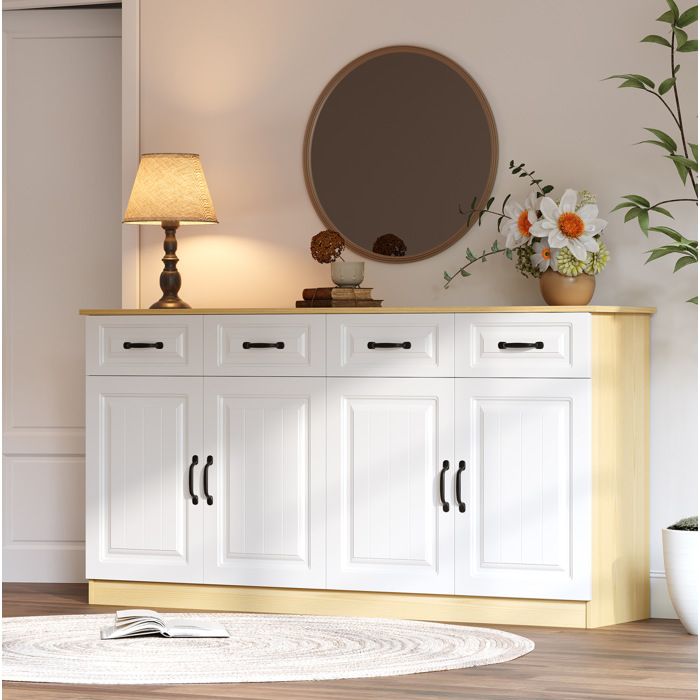 Buffet bas 160 x 35 x 80 cm en MDF blanc et bois naturel 4 tiroirs 4 portes poignées métalliques noires
