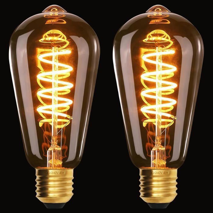 Lot de 2 ampoules LED ST64 E27 3W 220-240V filament spiralé verre ambré 2200K dimmable lampe vintage Edison classe E