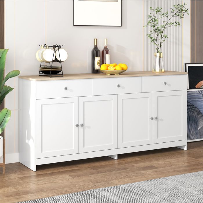 Buffet bas 160 cm 3 tiroirs 4 portes avec étagères réglables blanc et aspect bois style campagne ORVRYN
