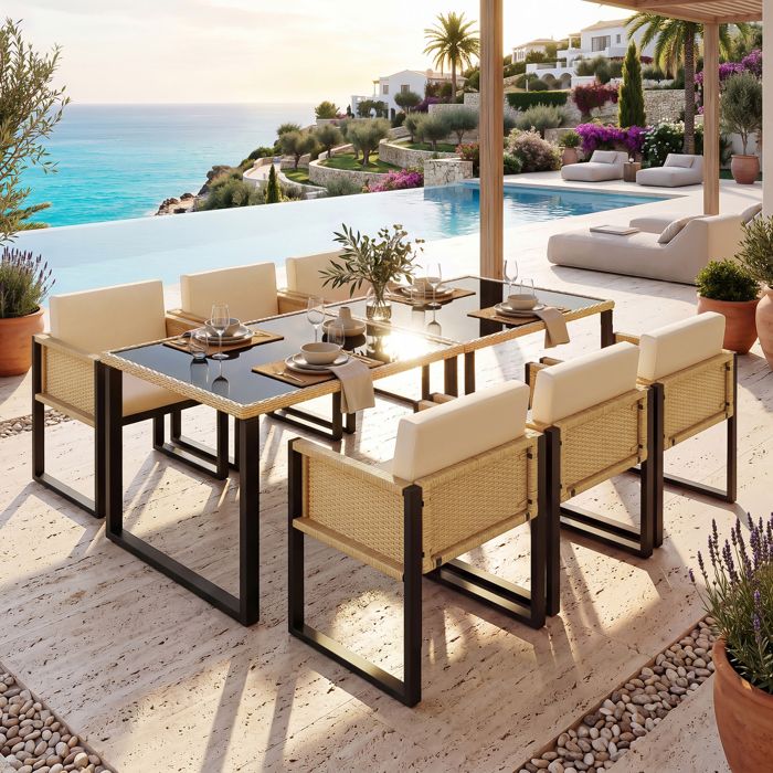 Ensemble repas de jardin - Table 170x80x75 cm - 6 chaises 55x55x80 cm - Plateau en verre trempé