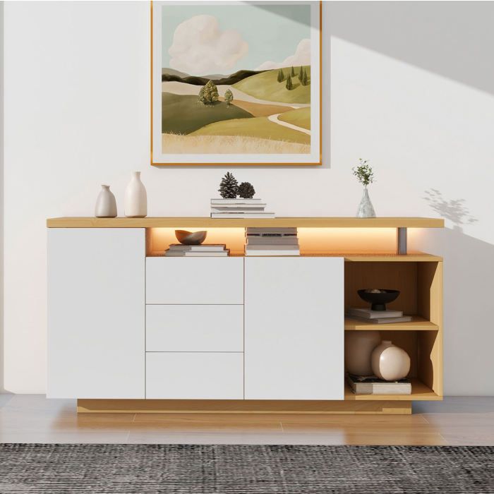 Buffet Bas 140 Cm Blanc Aspect Bois Enfilade Contemporaine FloraGrace Pour Salon Ou Salle A Manger Eclairage LED 140x40x70cm
