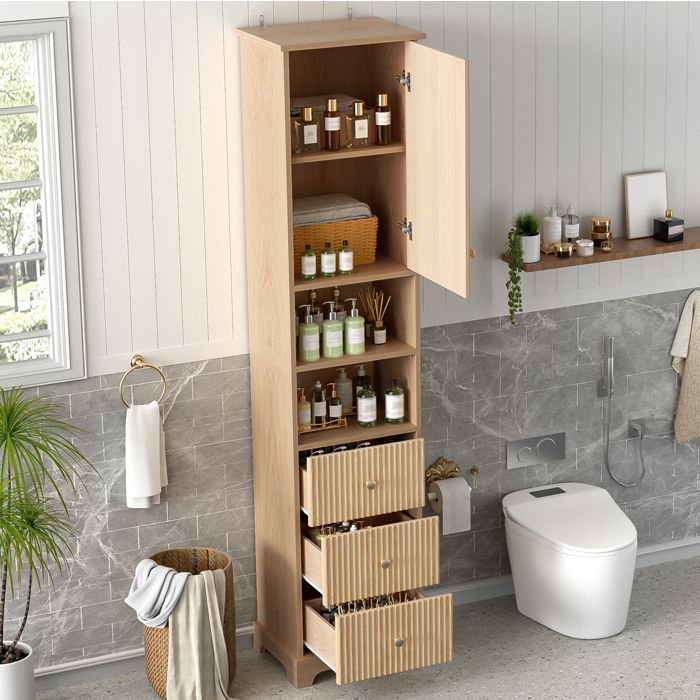 Colonne Salle De Bain MDF Naturel Meuble Vertical FloraGrace Pour Salle De Bain 3 Tiroirs 1 Porte 40x30x172cm