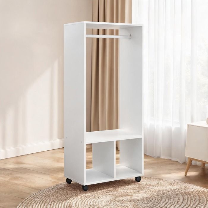 Armoire ouverte 2 niches et penderie sur roulettes blanc mélaminé L60 x P40 x H128 cm