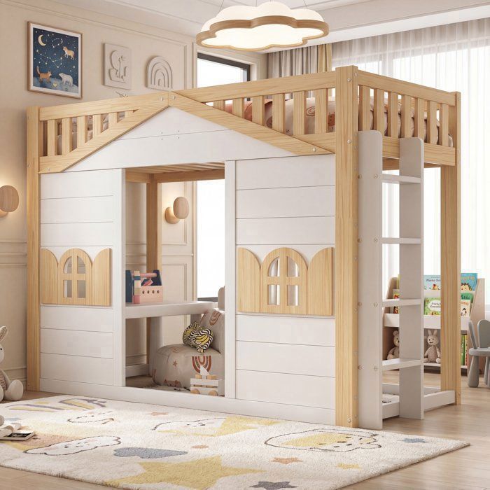 Lit mezzanine enfant - MERAX - Lit cabane blanc et bois 90x200 cm - Échelle réversible - Pin massif & MDF - Sommier à lattes Lit mezzanine enfant - MERAX - Lit cabane blanc et bois 90x200 cm - Échelle réversible - Pin massif & MDF - Sommier à lattes