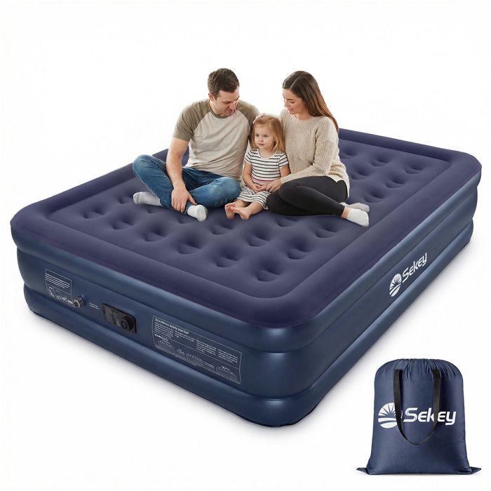 Sekey Matelas Gonflable 2 Personnes avec Pompe Électrique Intégrée Surface Floquée Confort 152 x 203 x 46 cm Bleu
