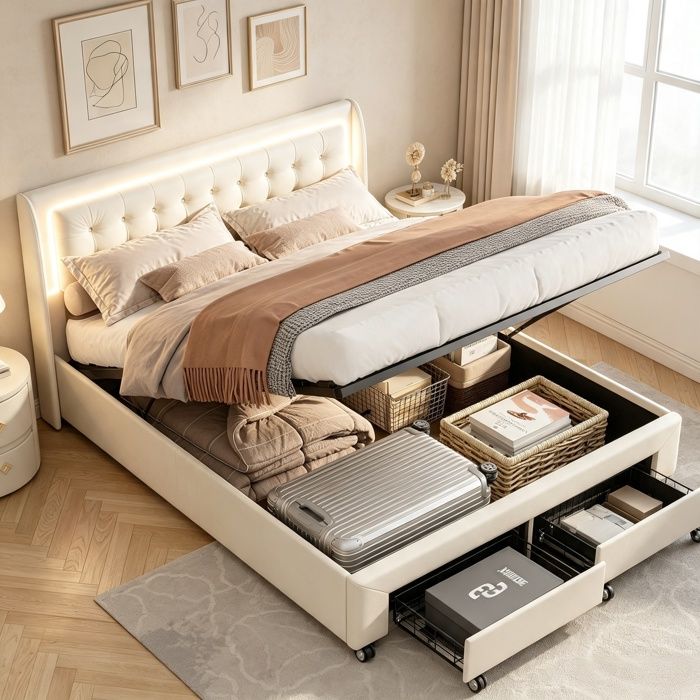 Lit coffre 140x190 cm 2 tiroirs LED intégrée ports USB sommier à lattes tête de lit capitonnée tissu en velours beige