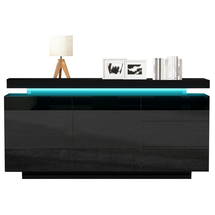 Enfilade haute moderne avec LED 2 portes et 3 tiroirs finition brillante noire 140x35x72 5 cm