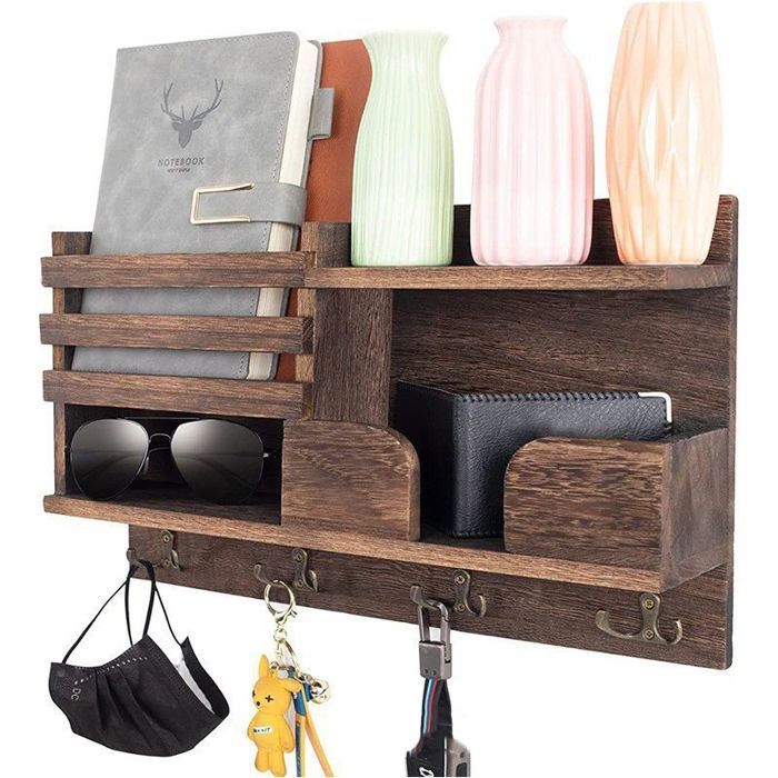 Porte-Clés Mural en Bois Massif 42 × 25 5 cm avec Étagère Range-Courrier et 4 Doubles Crochets Fixation Sans Perçage