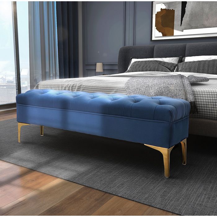 Banc de lit capitonné 118 cm velours bleu avec pieds dorés banquette rembourrée pour chambre et entrée VEVXYN