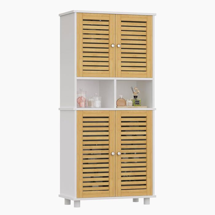 FORABAMB Meuble Colonne de Rangement 4 Portes et 2 Étagères Blanc et Bois 60 x 30 x 128 cm