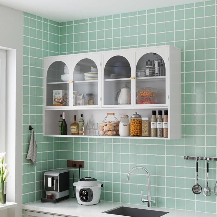Buffet de Cuisine - 120x23x70cm - Meuble Haut Armoire Murale 4 Portes en Verre Gris & Étagère Style Industriel - Blanc