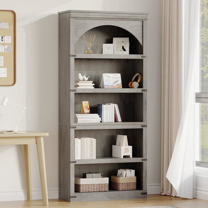 Bibliothèque contemporaine 5 niches salon/bureau/chambre 80x30x175cm - Meuble de rangement multifonctionnel livres dèco - Gris