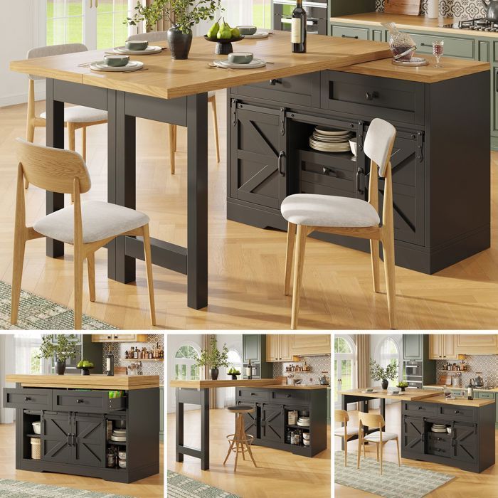 Meuble de Rangement 2-en-1 Table à Manger intégrée tiroirs dissimulés panneaux pivotants à 360° porte de meuble style grange