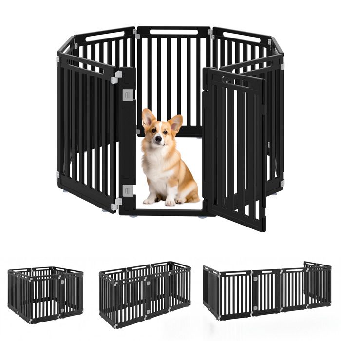 Barrière de Sécurité pour Chiens Chats COSTWAY Escalier/Porte 8 Panneaux en HDPE Intérieur/Extérieur Porte Verrouillable Noir