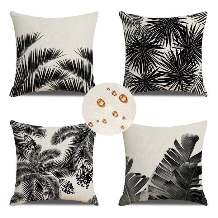 Lot de 4 housses coussin extérieur 45x45 cm noir blanc imperméable lin décoratif canapé chaise jardin ALURRA