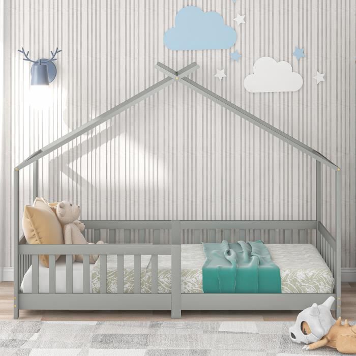 lit enfant, lit cabane, avec clôture et sommier à lattes, avec protection antichute, bois massif, gris, sans matelas (200x90 cm)