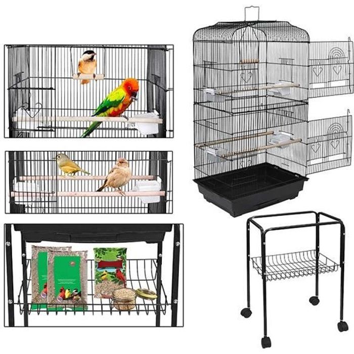 JINKEEY Grande Cage Oiseaux en Métal pour Canaris Perruches Calopsittes - Volière à Roulettes/Plateau Amovible - Noir 46x35x150.6 cm