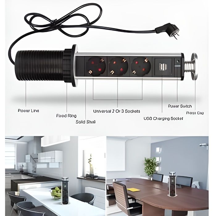 Bloc multiprise escamotable 3 prises + 2 chargeurs USB